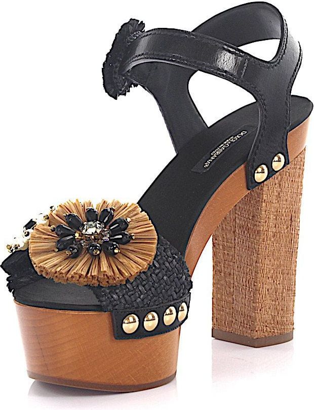 Dolce & Gabbana Women Platform Sandals Gem Rivets Black Brown - Smiley Zwart