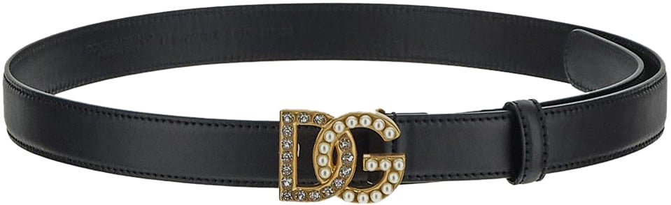 Dolce & Gabbana Crystal And Pearls DG Logo Thin Belt Zwart