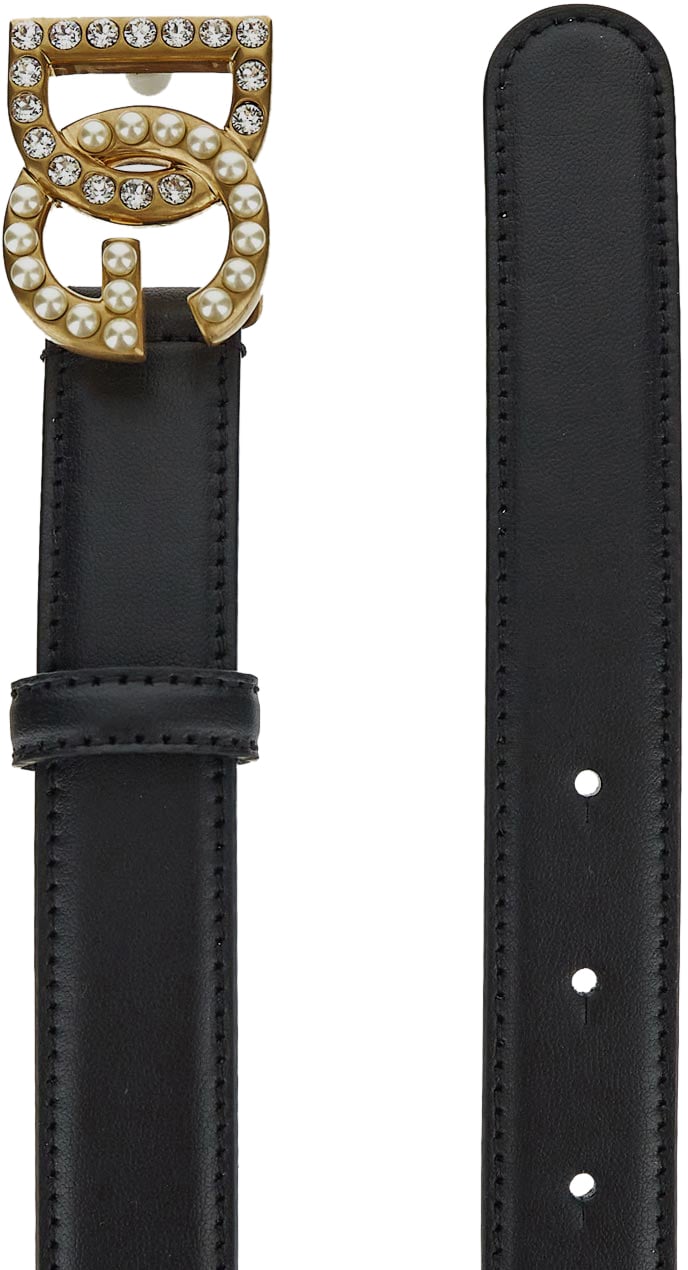 Dolce & Gabbana Crystal And Pearls DG Logo Thin Belt Zwart