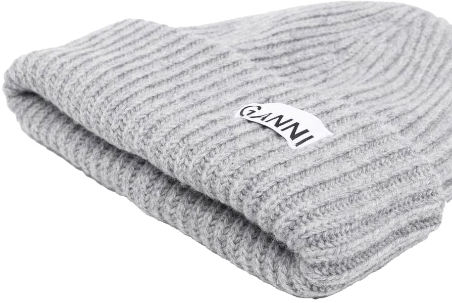 Ganni Mélange Grey Oversize Ribbed Beanie Gray Grijs