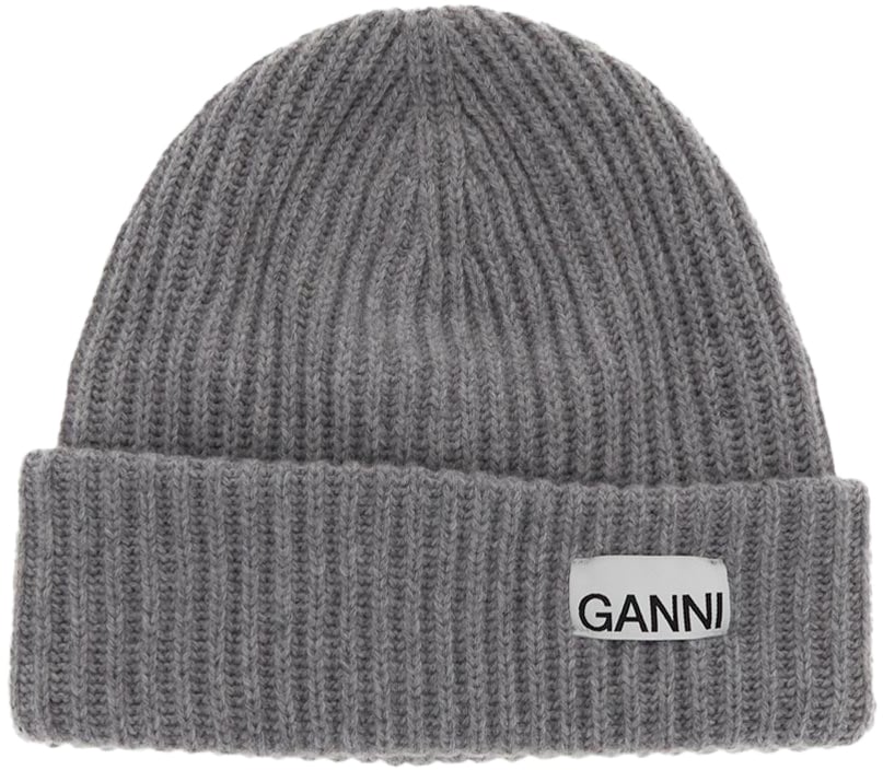Ganni Mélange Grey Oversize Ribbed Beanie Gray Grijs