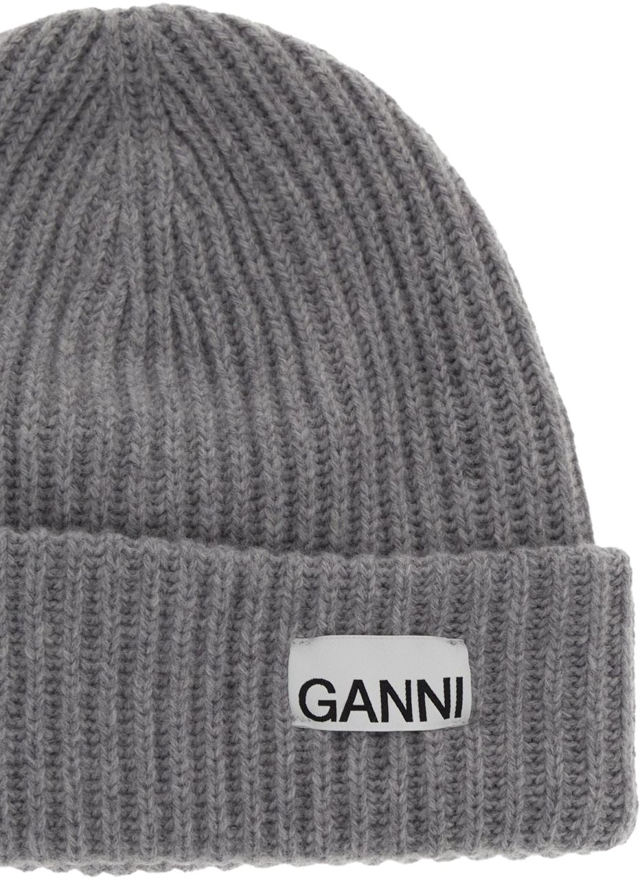 Ganni Mélange Grey Oversize Ribbed Beanie Gray Grijs