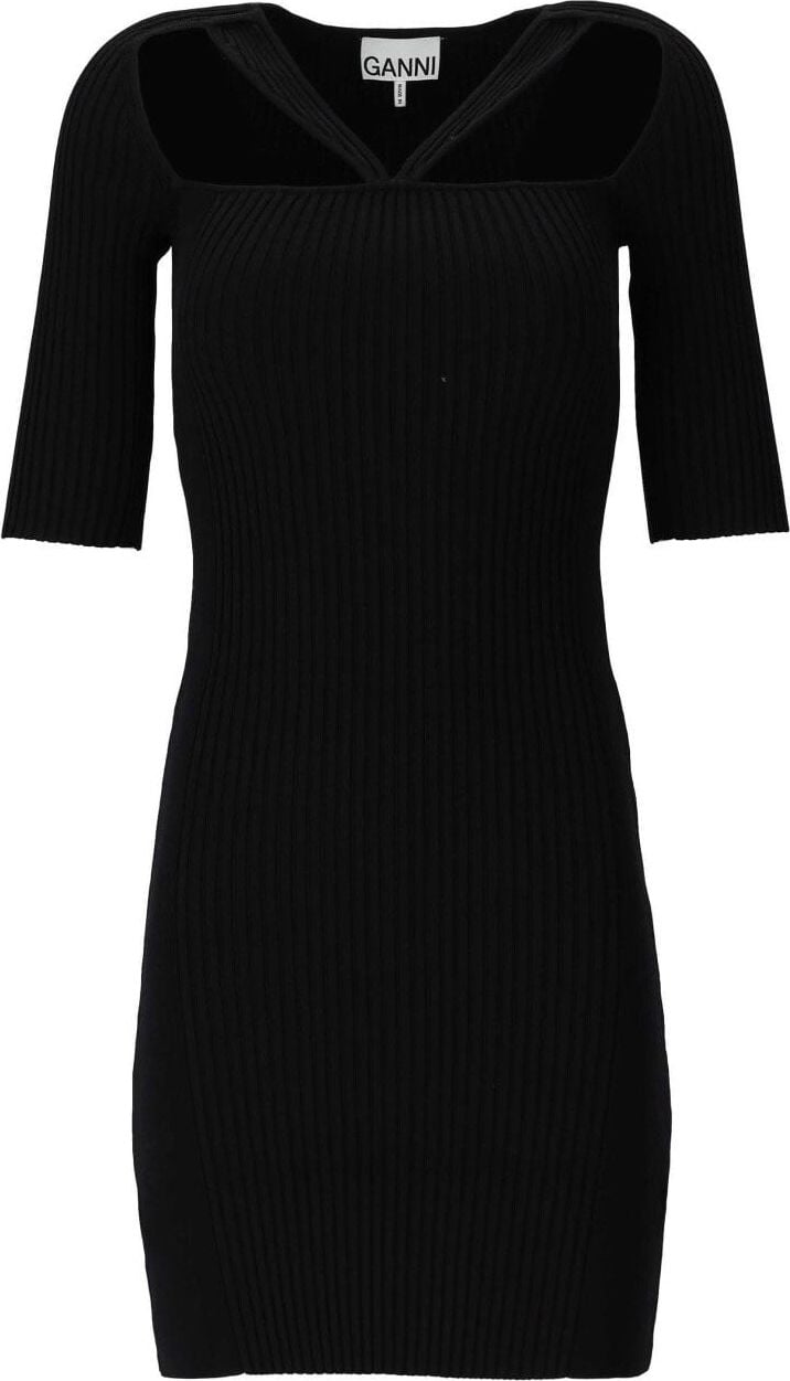 Ganni Black Cut-out Ribbed Dress Black Zwart