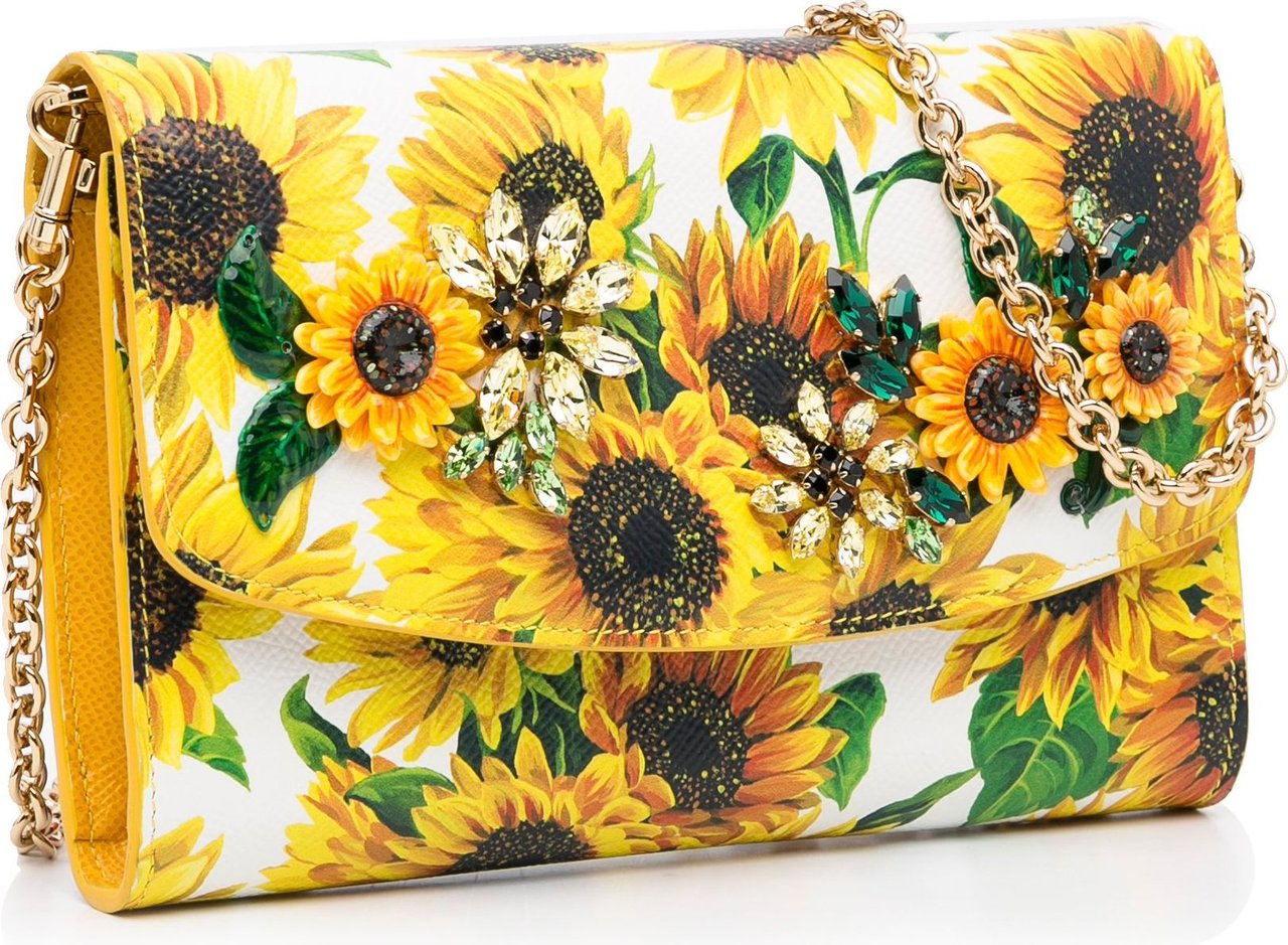 Dolce & Gabbana Sunflower Printed Leather Wallet on Chain Geel
