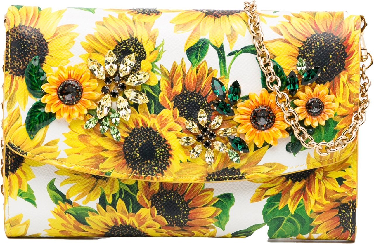 Dolce & Gabbana Sunflower Printed Leather Wallet on Chain Geel