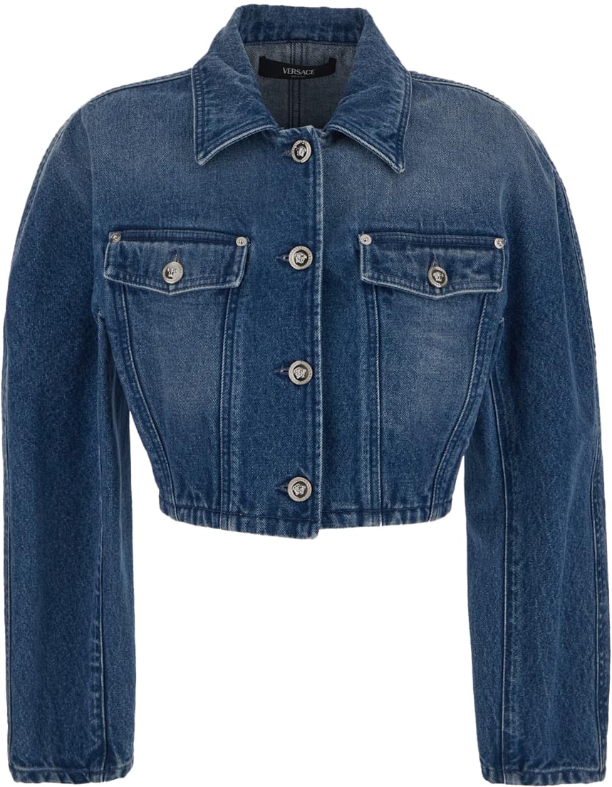 Versace Rounded Crop Denim Jacket Blauw