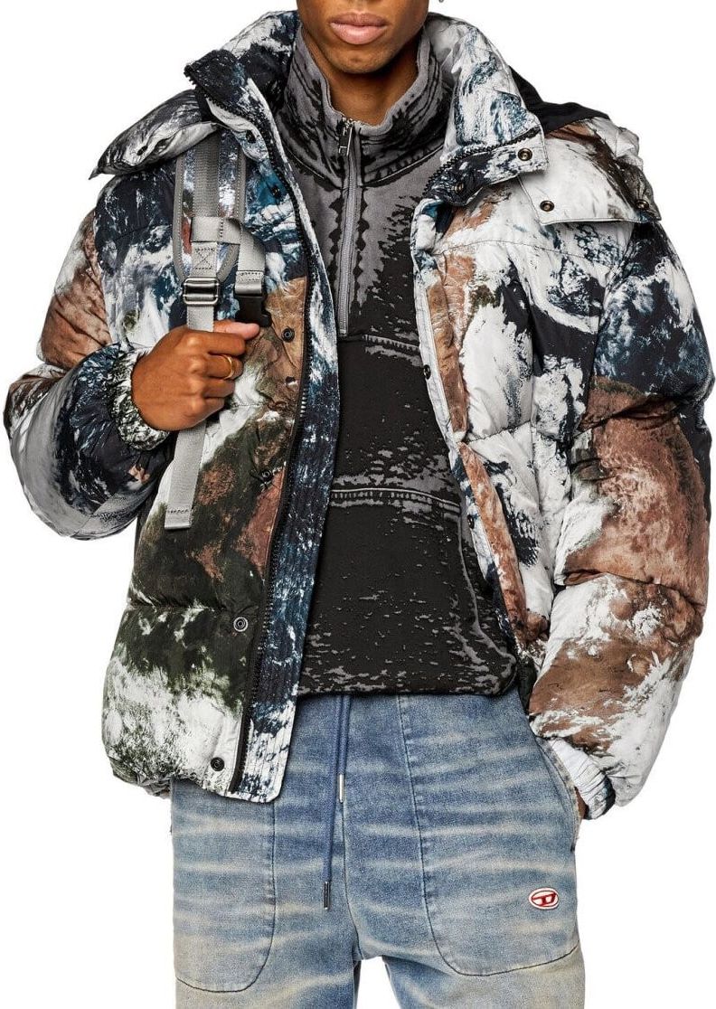 Diesel W-rolfys-fd-print Multicolored Hooded Padded Jacket Divers Divers
