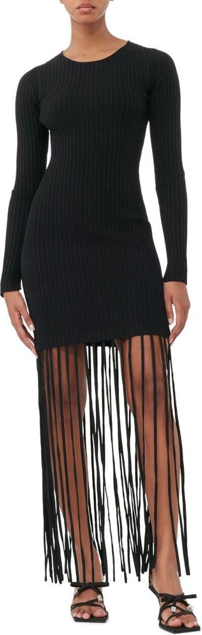 Ganni Black Knitted Dress With Fringes Black Zwart
