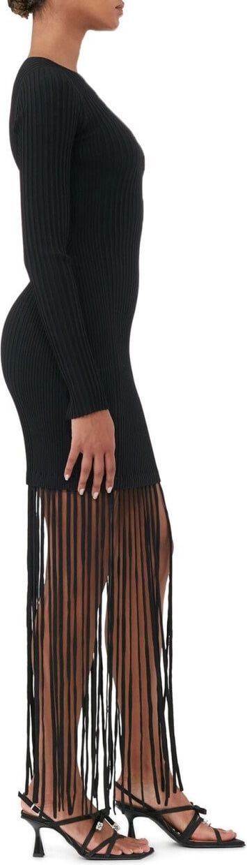 Ganni Black Knitted Dress With Fringes Black Zwart