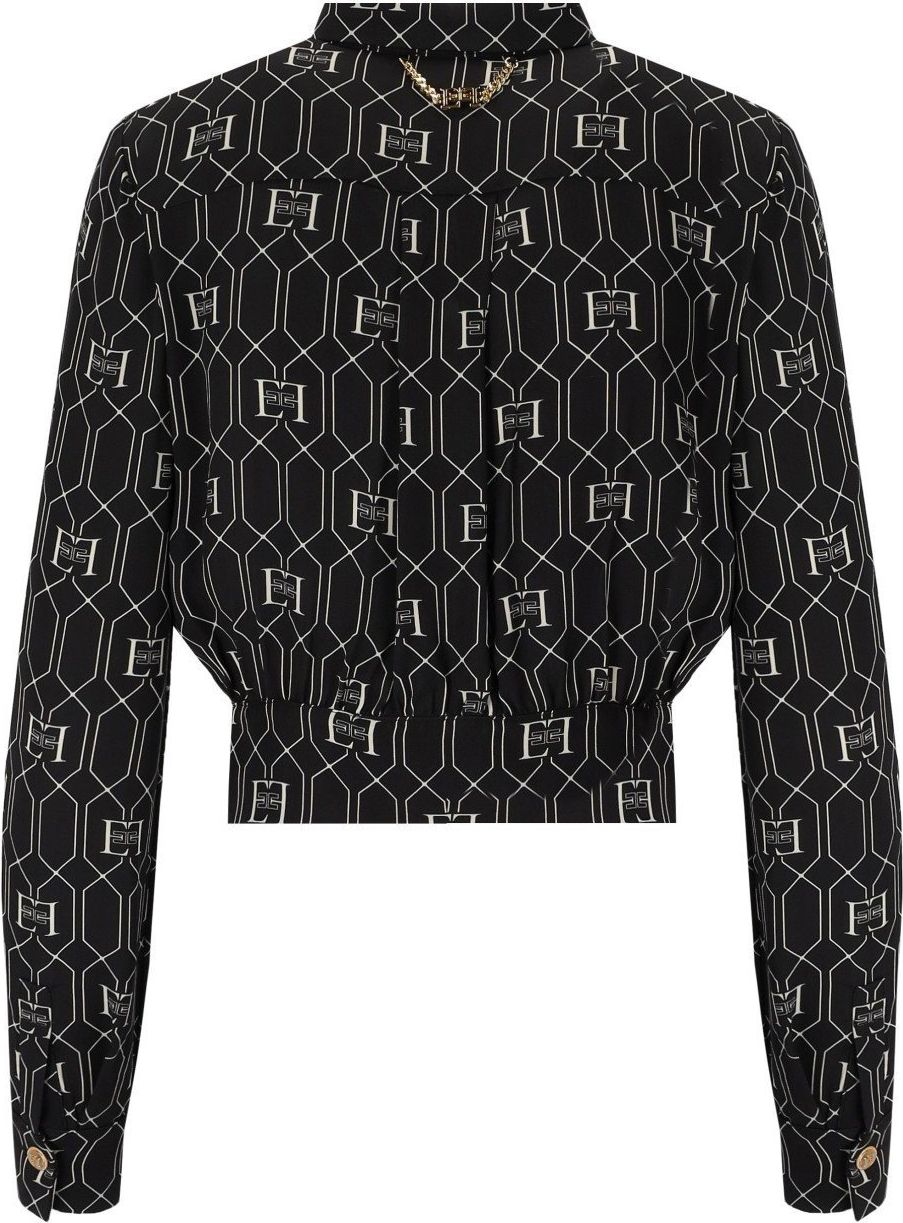 Elisabetta Franchi Black And Butter Monogram Cropped Shirt Black Zwart