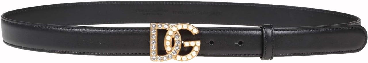 Dolce & Gabbana Crystal And Pearls DG Logo Thin Belt Zwart