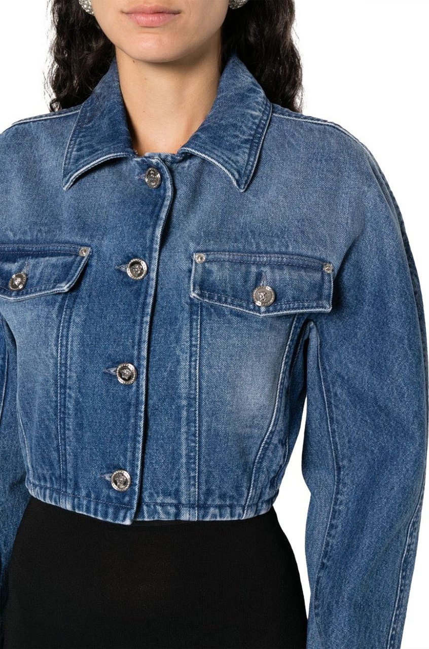 Versace Rounded Crop Denim Jacket Blauw