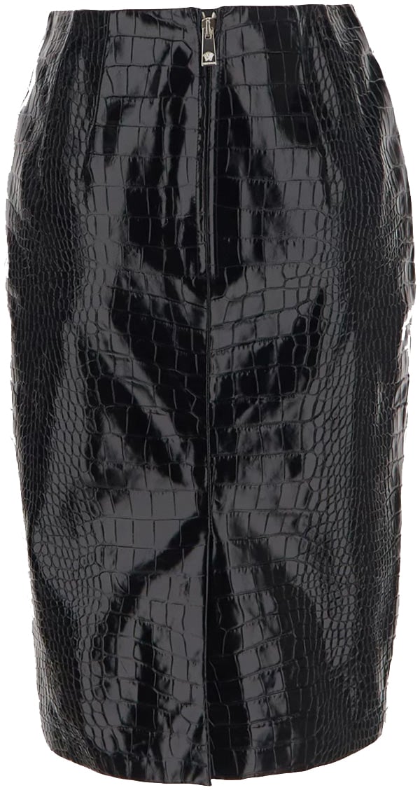 Versace Croco Print Leather Midi Skirt Zwart