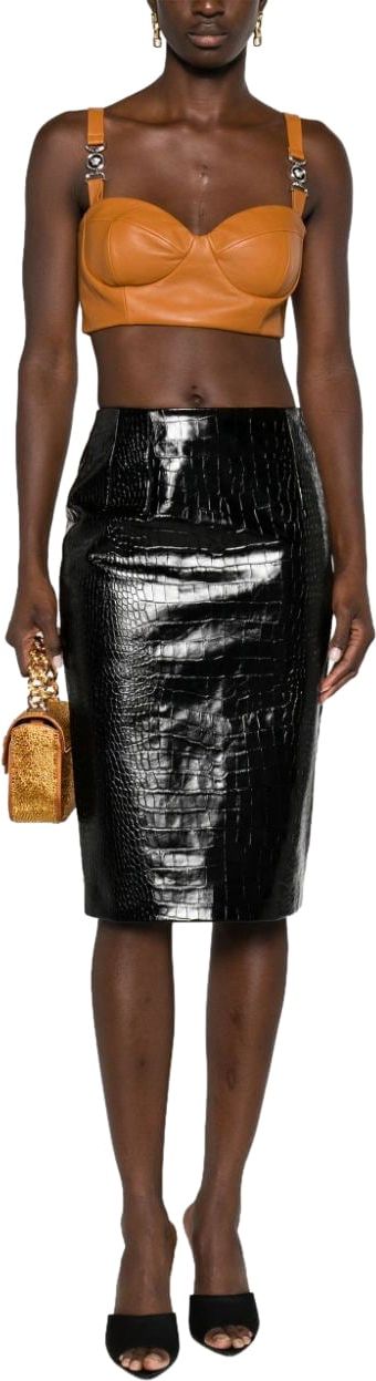 Versace Croco Print Leather Midi Skirt Zwart