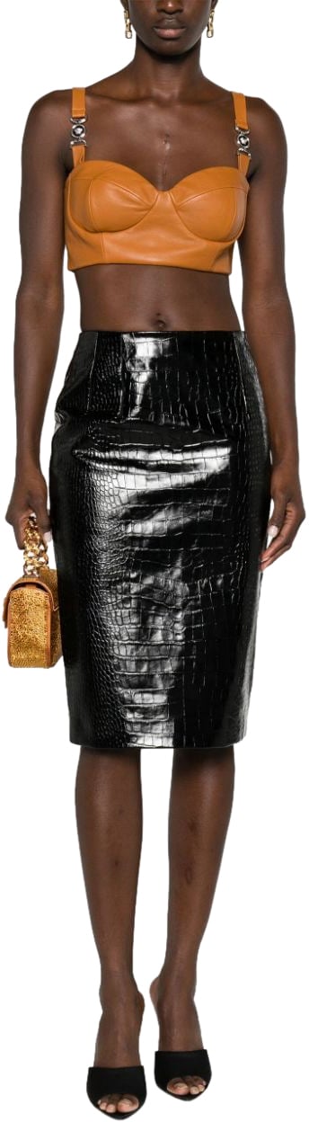 Versace Croco Print Leather Midi Skirt Zwart