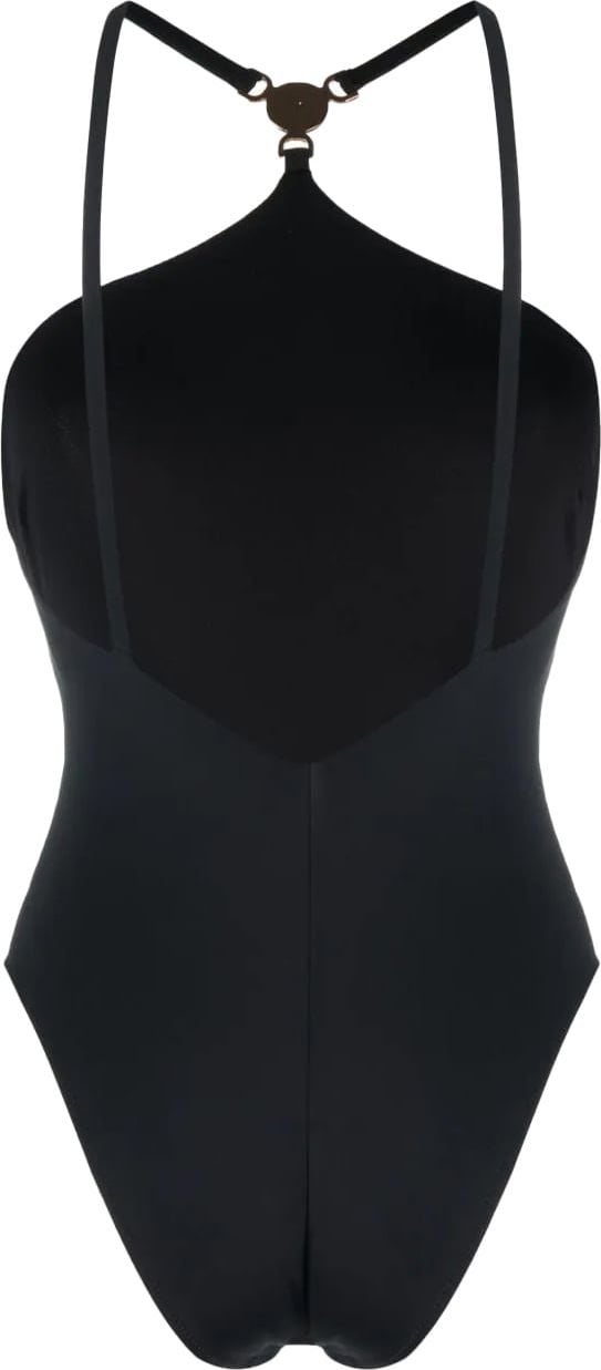 Versace logo-plaque halterneck swimsuit Zwart
