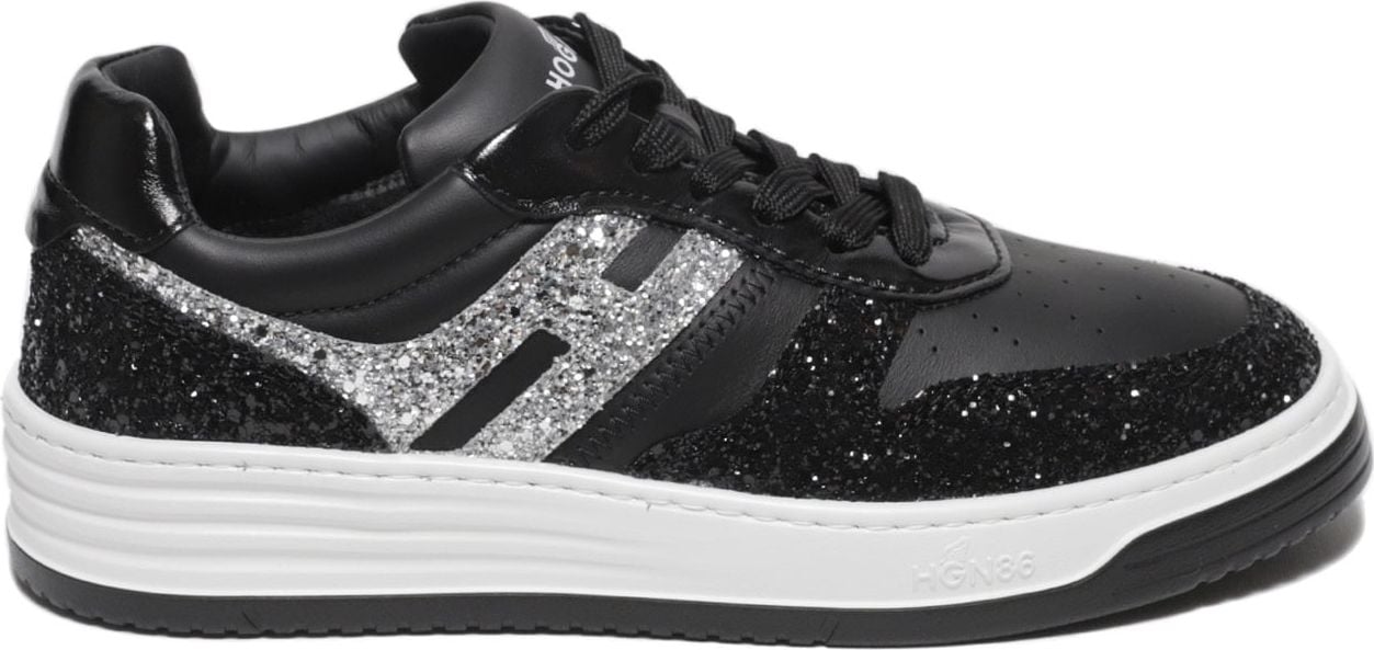 HOGAN Sneakers H630 in pelle e tessuto glitterato nero Zwart