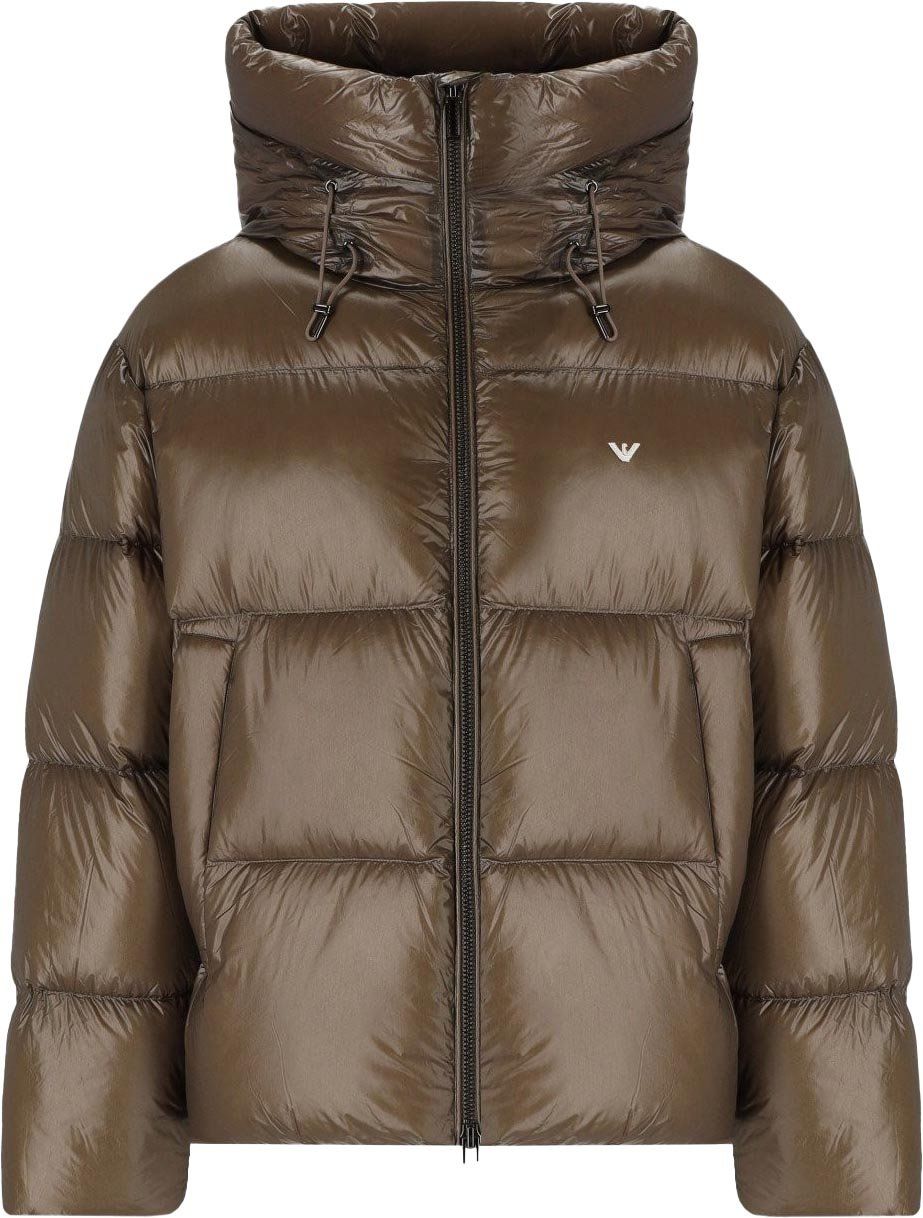 Emporio Armani Brown Hooded Down Jacket With Logo Brown Bruin