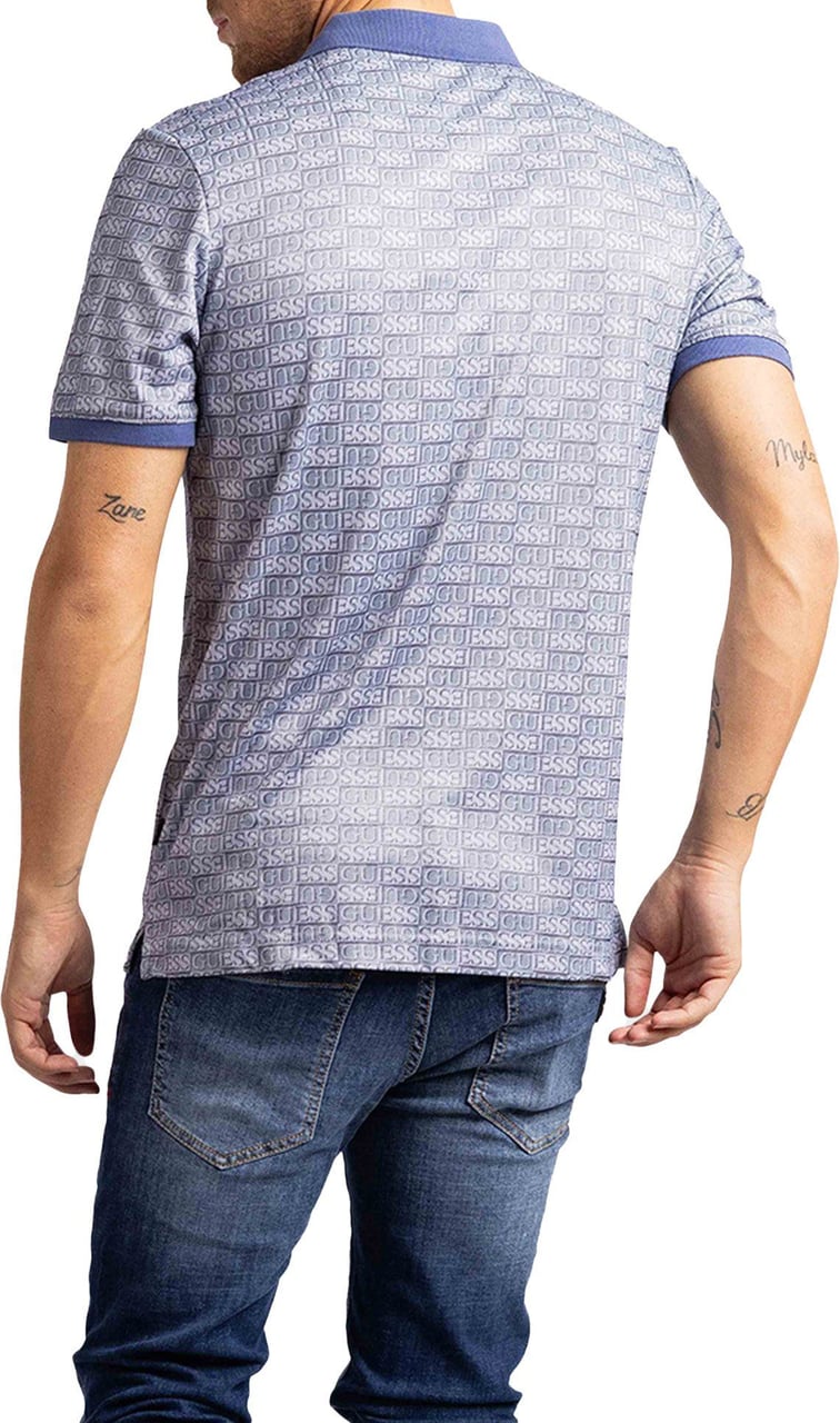 Guess All Over Logo Print Polo Heren Blauw Blauw