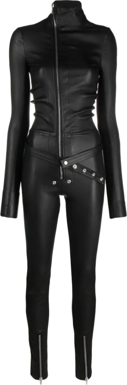Rick Owens Leather Jumpsuit Tight Gary Flightsuit Black Zwart