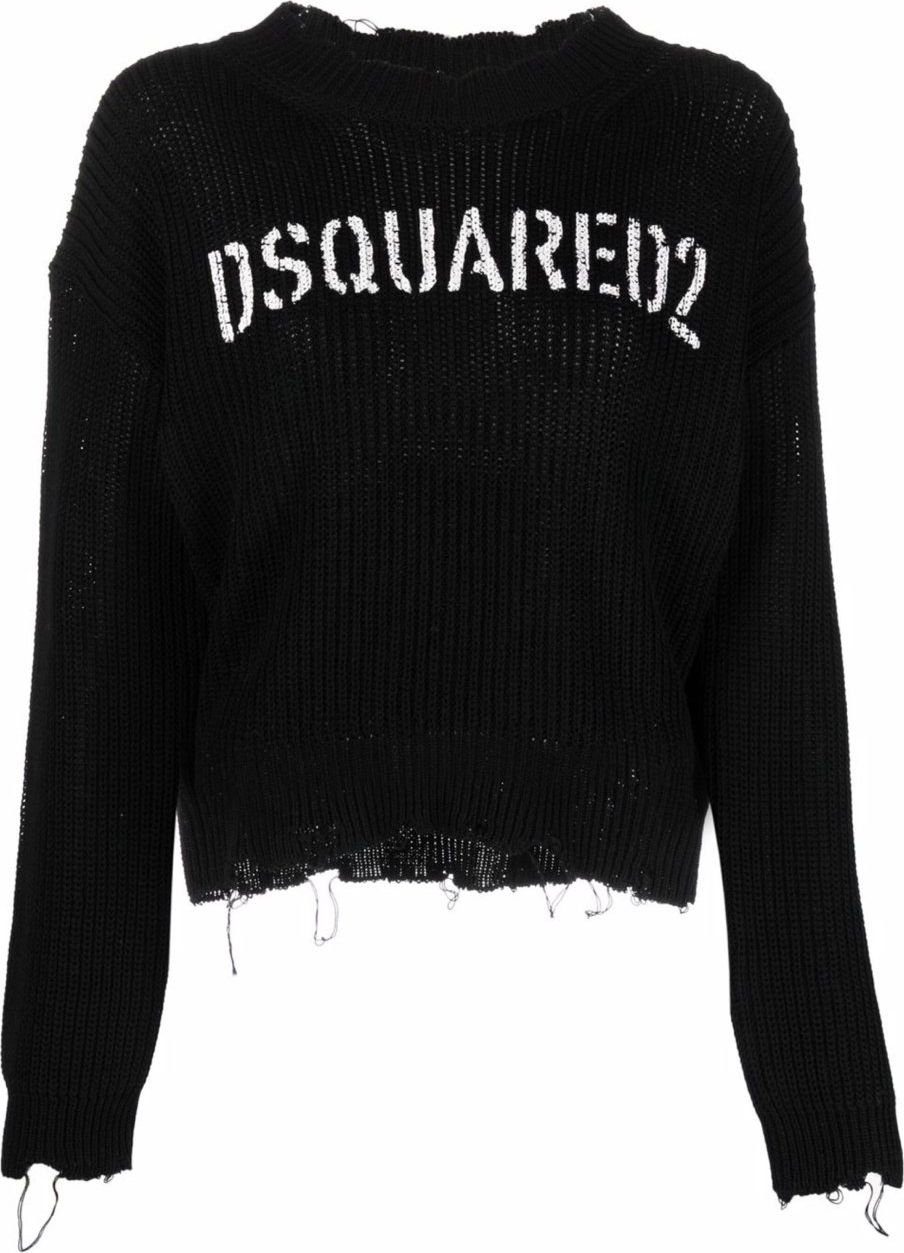 Dsquared2 Logo Printed Distressed Sweater Zwart
