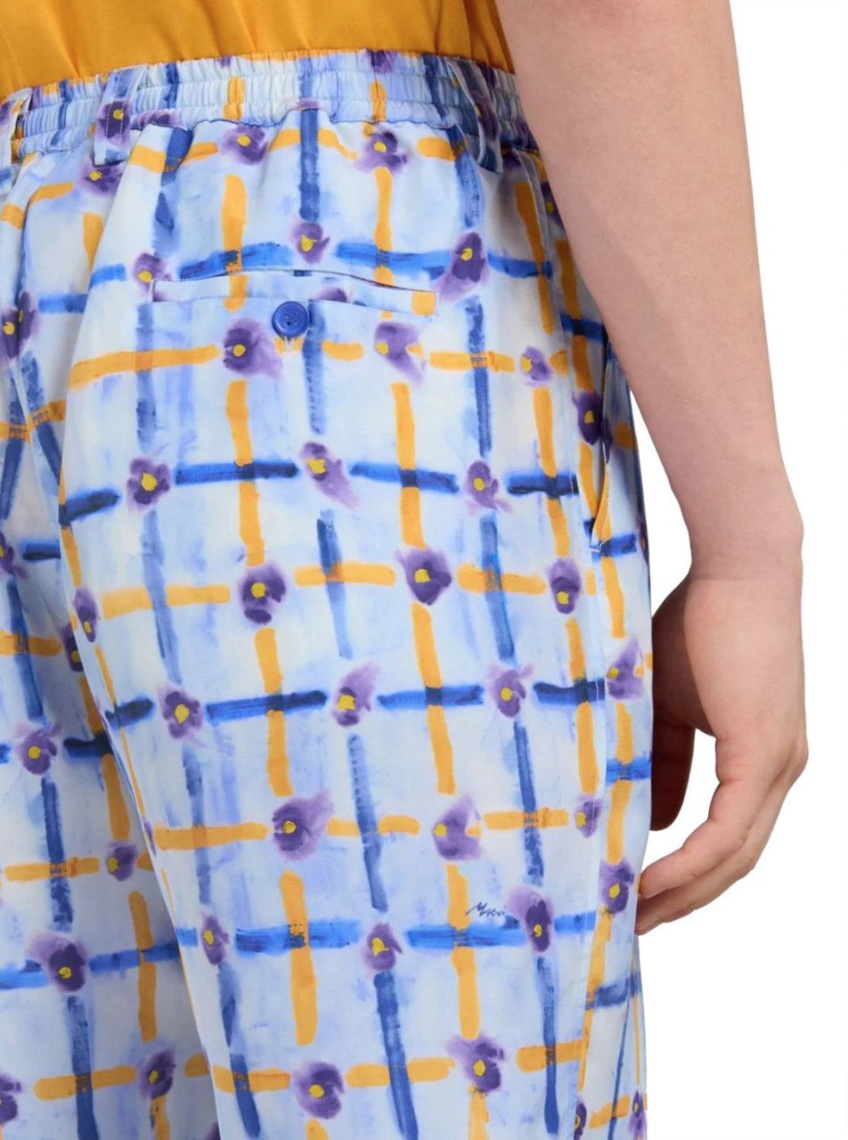 Marni Light Blue Habotai Silk Drawstring Shorts With Saraband Print Blauw