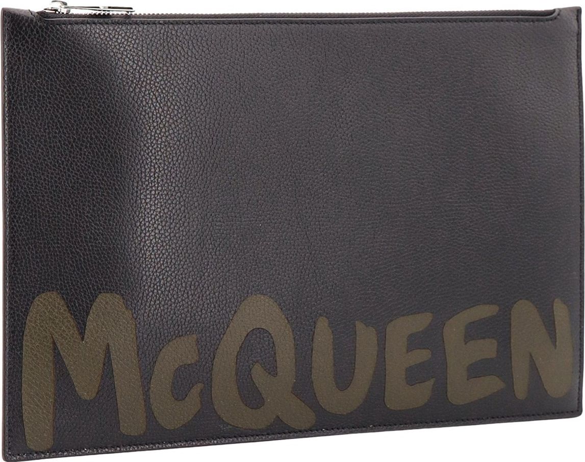 Alexander McQueen Leather clutch with McQueen Graffiti logo Zwart