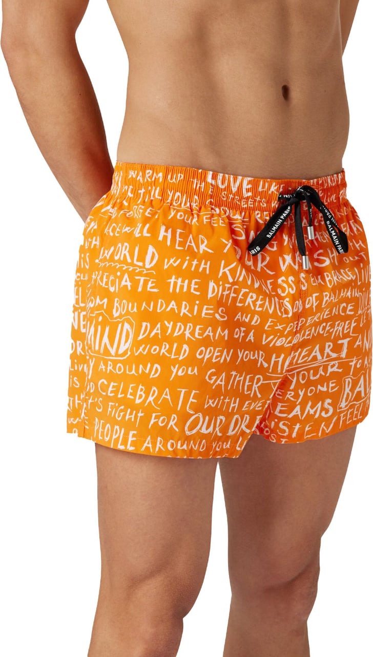 Balmain Slogan All-over Logo Swim Shorts Oranje