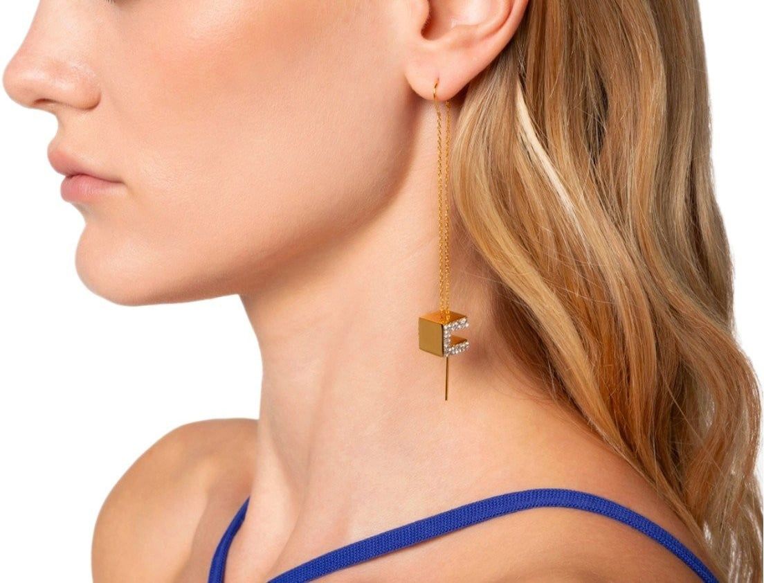 Elisabetta Franchi Pendant Earrings With Gold Rhinestone Logo Gold Goud