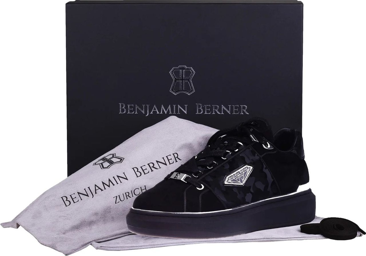 Benjamin Berner Low-Top Lucas Black Velvet Suede Reflective Camouflage Calfskin Zwart