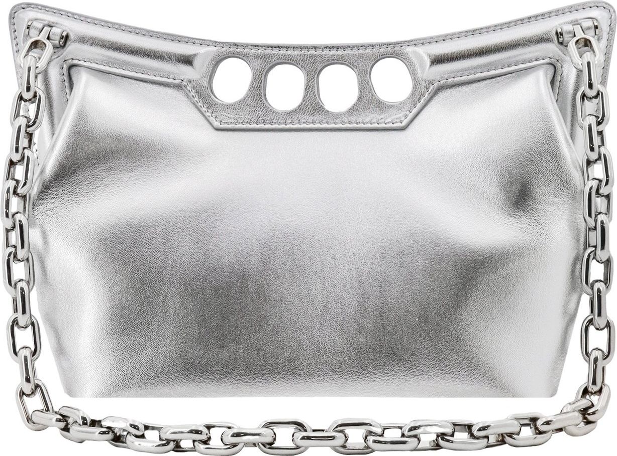 Alexander McQueen Laminated leather shoulder bag with logo print Zilver