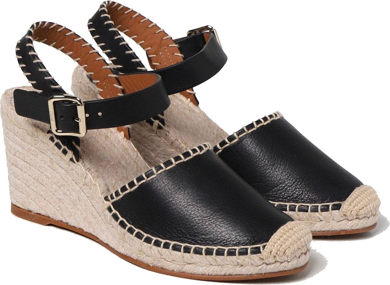 Chloé Chloe' Leather Wedge Sandals Zwart