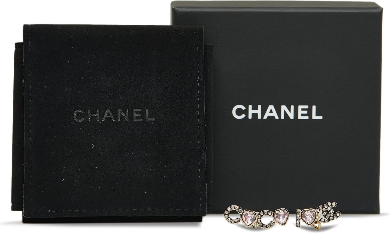 Chanel Gold Plated Rhinestone I Love Coco Clip On Earrings Goud