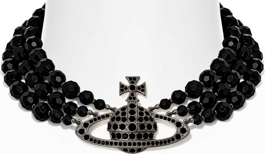 Vivienne Westwood Man. Messaline 3 Row Choker Oxi Silver/black Agate Gemstone Zwart