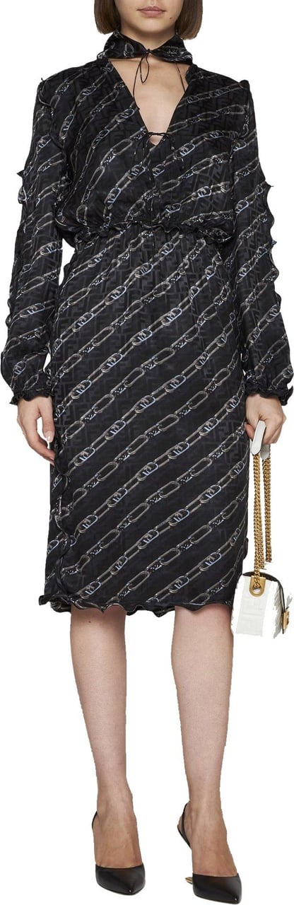 Fendi Fendi Printed Silk Midi Dress Zwart