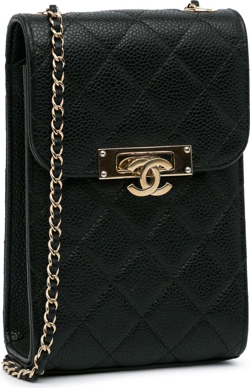 Chanel Quilted CC Caviar Phone Holder Zwart
