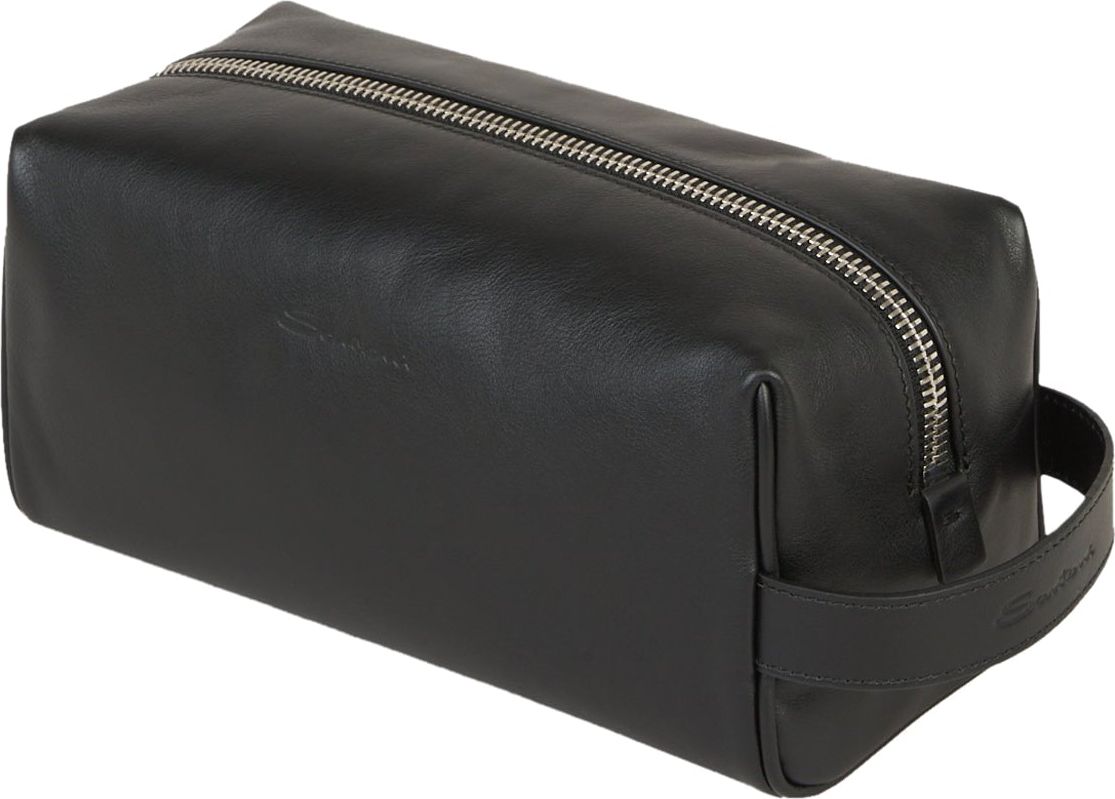 Santoni Leather Zipper Toiletry Bag Zwart