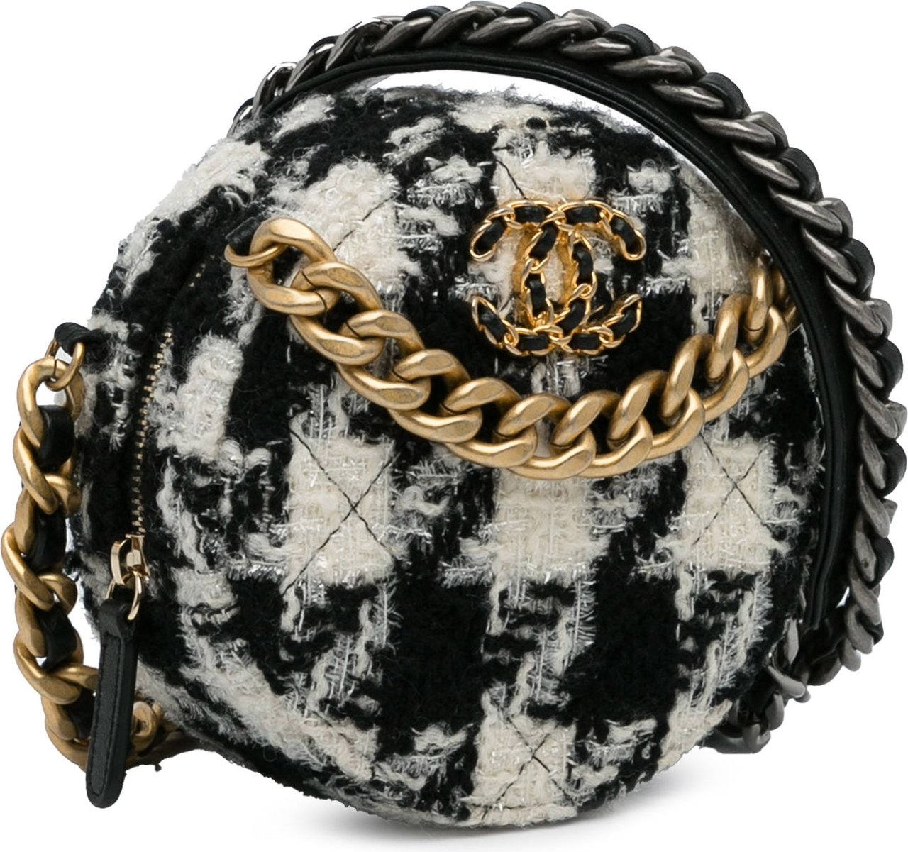 Chanel Round Tweed 19 Clutch with Chain and Lambskin Coin Purse Zwart