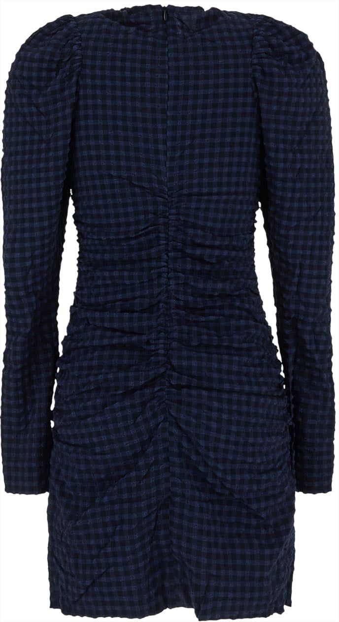 Ganni Checkered Seersucker O-Neck Mini Dress Blauw