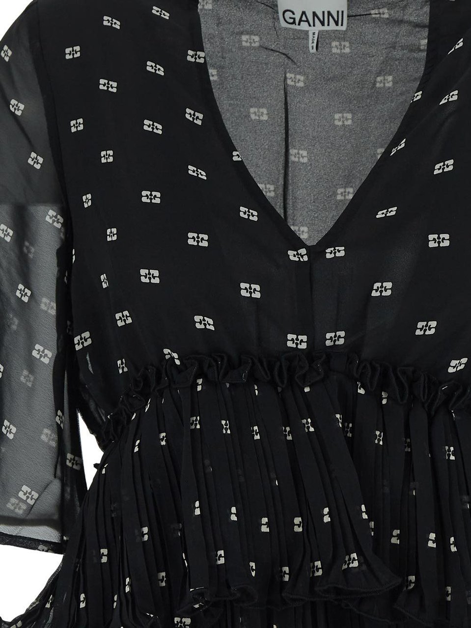 Ganni Pleated Georgette V-neck Flounce Mini Dress Zwart