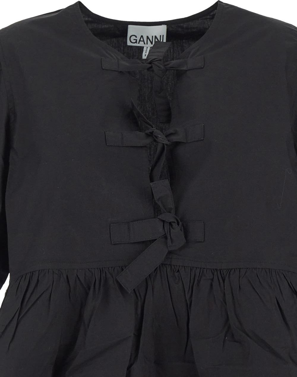 Ganni Cotton Poplin Tie String Mini Dress Zwart