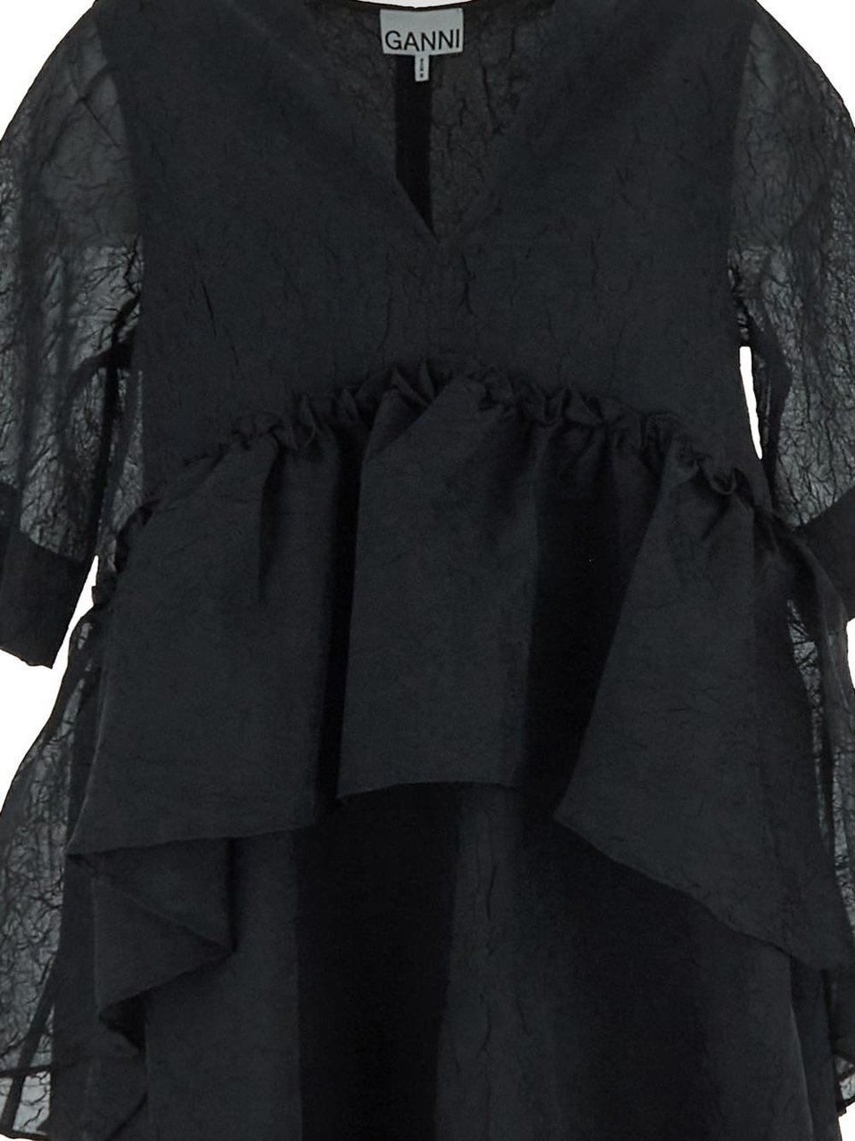 Ganni Crinkled Georgette Flounce Mini Dress Zwart