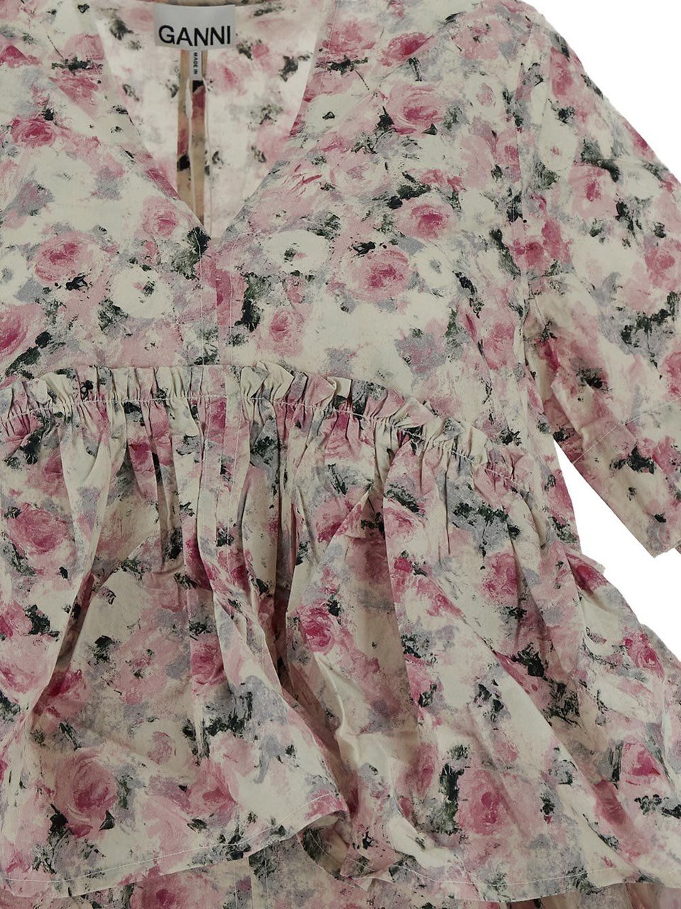 Ganni Printed Cotton Flounce Mini Dress Roze