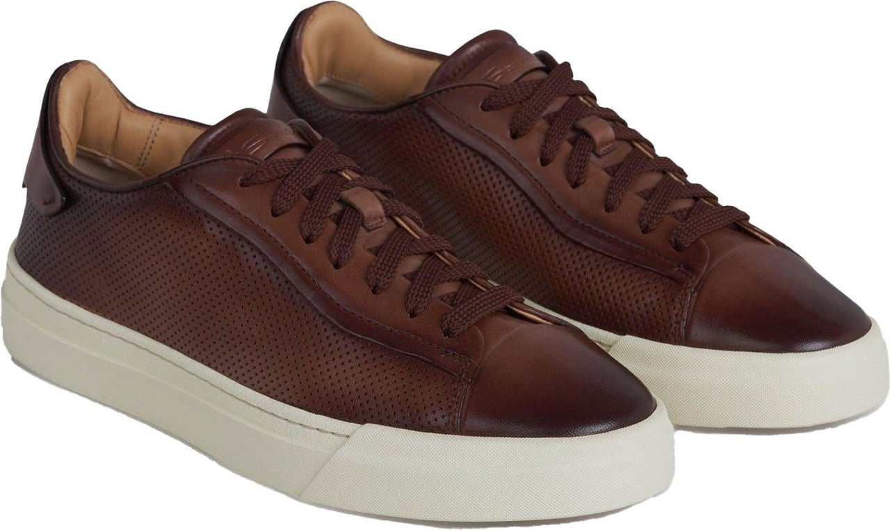 Santoni Leather Perforated Sneakers Bruin