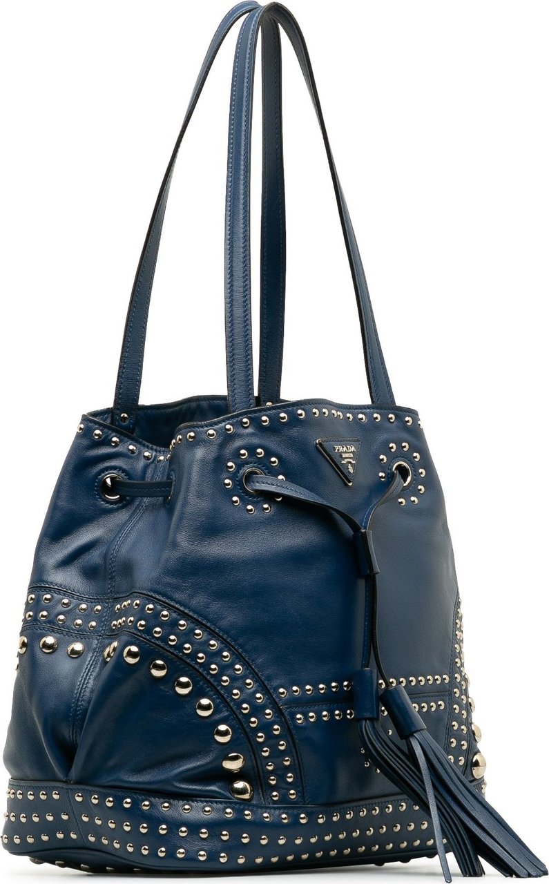Prada Soft Calf Studded Bucket Bag Blauw