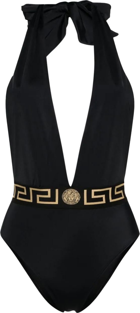 Versace Greca-waistband V-neck swimsuit Zwart