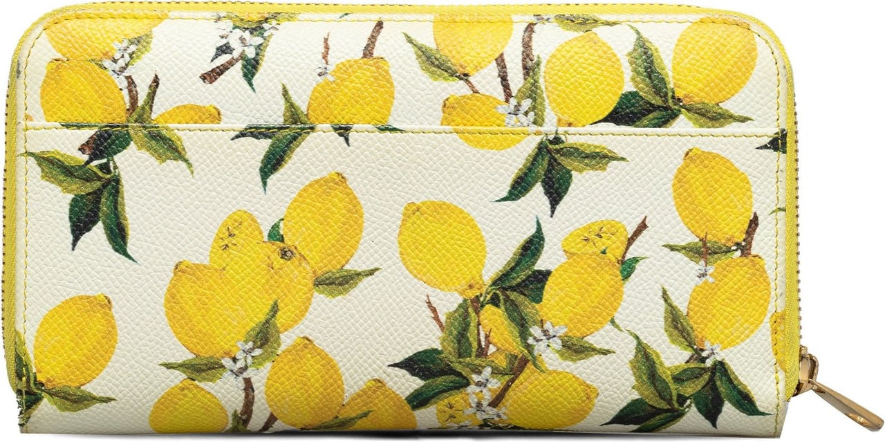 Dolce & Gabbana Lemon Print Leather Zip Around Long Wallet Geel