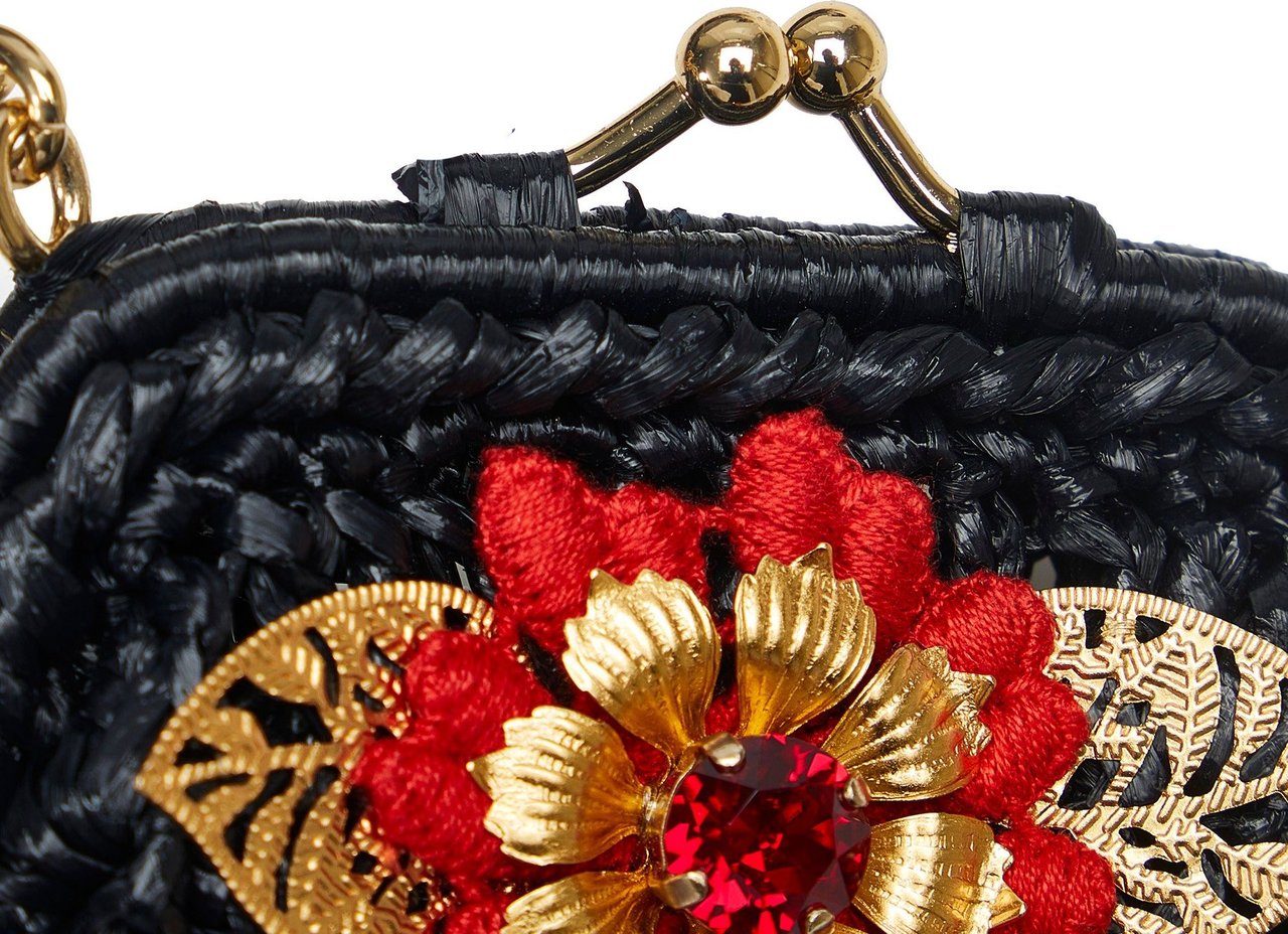Dolce & Gabbana I Love Sicily Embellished Beaded Straw Shoulder Bag Zwart
