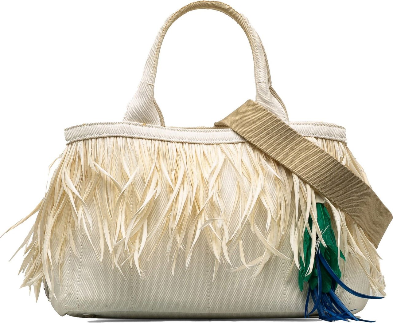 Prada Feather-Trimmed Canapa Satchel Wit