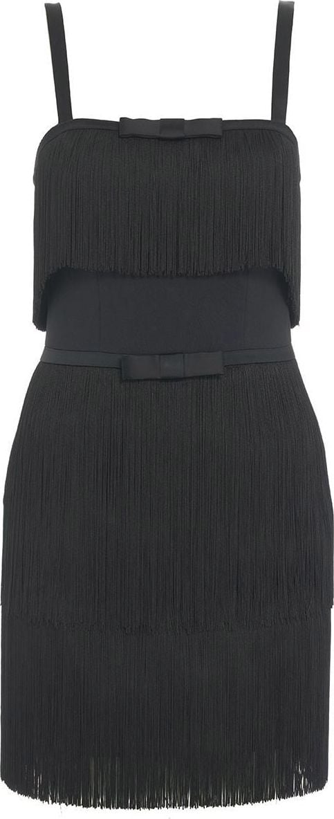 Elisabetta Franchi Mini-dress in crêpe fabric with fringes and bow Zwart